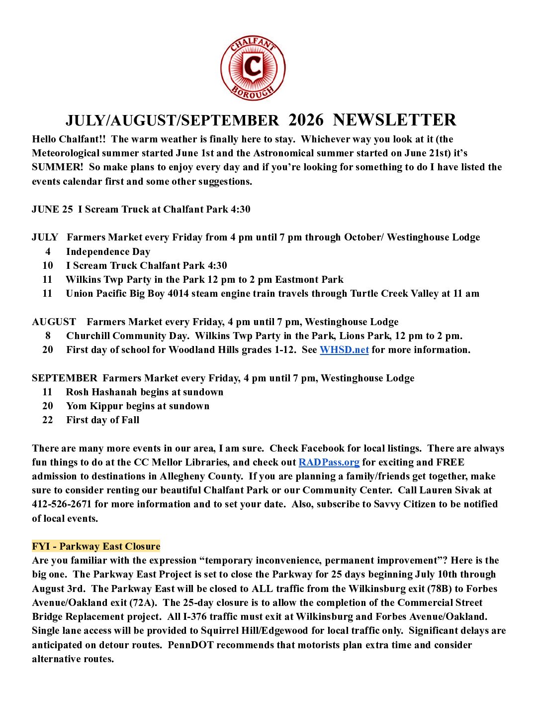 Thumbnail of the first page of 'Summer 2026 Newsletter, July, August, September'